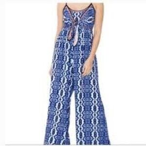 Flying‎ Tomato Blue Aztec Print Jumpsuit Romper Size Small Cutout Waist Tie Back